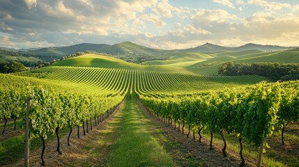 Fototapeta premium Tuscan Vineyard Landscape: Rows of Grapevines Under a Cloudy Sky