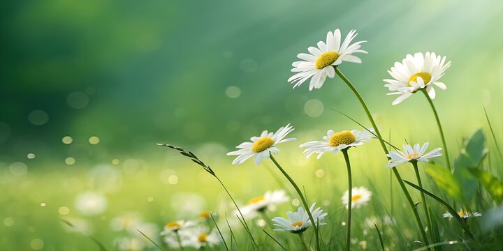 A beautiful summer meadow filled with white daisies and wildflowers under a blue sky with sunshine