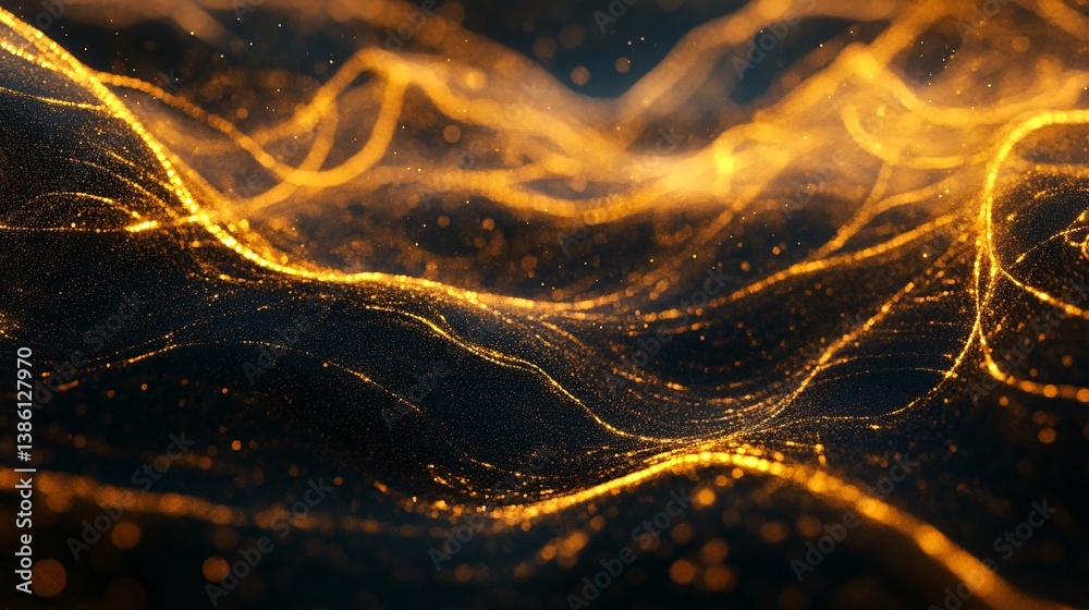 Poster abstract golden particles flowing forming wavy shapes on black background