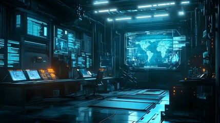 Cyber Command Center: A futuristic command center, bathed in cool blue light, showcasing cutting-edge technology with glowing screens displaying intricate data visualizations and a vast world map.