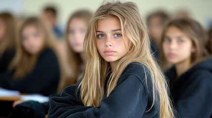 Teenage Girl Portrait:  A Serene Gaze in a Classroom Setting