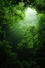 Fototapeta premium Lush green forest canopy with soft light filtering through leaves in early morning hours