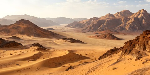 Fototapeta premium Desert landscape with mountains and rocks in Death Valley featuring red sand, dry canyon views, and a scenic sky in the USA