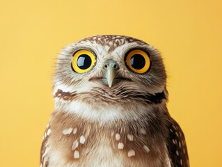 Fototapeta premium Close up portrait of a burrowing owl with big yellow eyes on a yellow background in studio shot