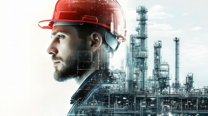 Portrait of Male Engineer in Red Hard Hat with Industrial Background