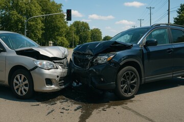 Naklejka premium Car Collision Scene with Damaged Vehicles on Urban Roadway