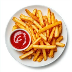 Golden Fried Delight: A delectable plate of golden-brown french fries, expertly arranged and accompanied by a vibrant bowl of ketchup. Perfectly captured in a top-down perspective.