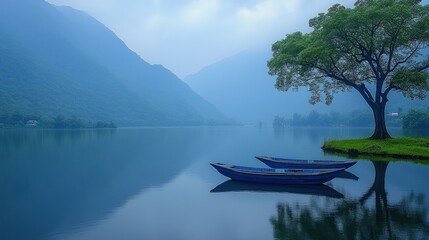 Serene Lake Landscape: Misty Mountains, Tranquil Waters, and Two Boats Moored Under a Lush Tree
