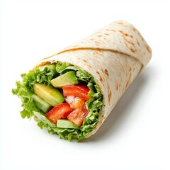 Fresh Wrap Delight: A mouthwatering close-up of a vibrant wrap, packed with fresh avocado, juicy tomato, crisp lettuce, all expertly rolled within a soft tortilla. A delightful culinary experience.