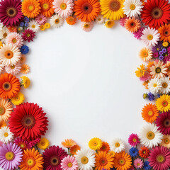 A frame of glowing vibrant colorful flowers, shimmering rainbow spectrum, gerbera daisies, soft lush petals, radiant blooming hues