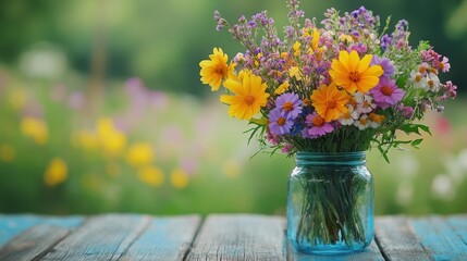 A bouquet of freshly picked wildflowers in a mason jar placed on a rustic wooden table