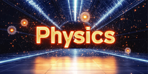 High Tech Futuristic Vector Graphic of Physics Concept in Illuminated Tunnel with Glowing Particles Sparkling Light Effects Abstract Atomic Molecular Background