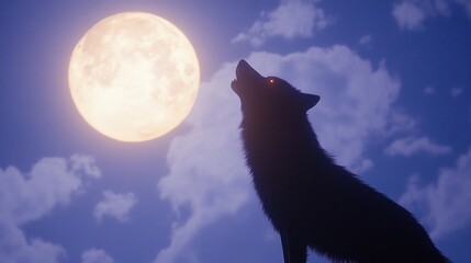 Howling Wolf Silhouette Against a Full Moon Sky Nighttime Wildlife Scene Mystical Animal in N