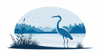 outline silhouette minimalist two color logo illustration of a white heron standing in a blue lake




