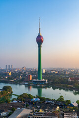 Colombo city skyline at dawn with modern architecture and Lotus Tower.  Travel and architecture.