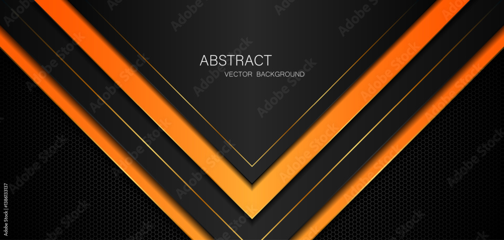 Poster abstract black and orange polygon with golden lines on dark steel mesh background with free space fo