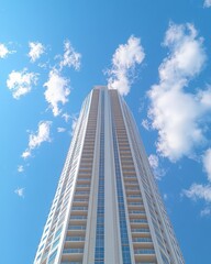 Fototapeta premium Upward gaze on a modern skyscraper against a vibrant blue sky dotted with fluffy white clouds creating a sense of architectural grandeur and serene atmosphere