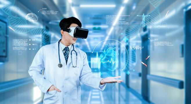 Doctor wearing VR glasses and lab coat holding at medical data while managing augmented reality technology and standing at hospital corridor with blurring background. Healthcare concept. Ingenuity. - Powered by Adobe