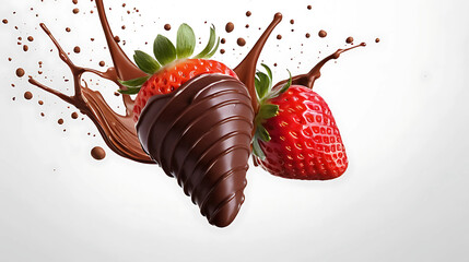 Tasty chocolate wrapped strawberry flying on white background
