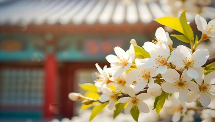 "Spring Blossoms in Front of a Traditional Asian Temple"
