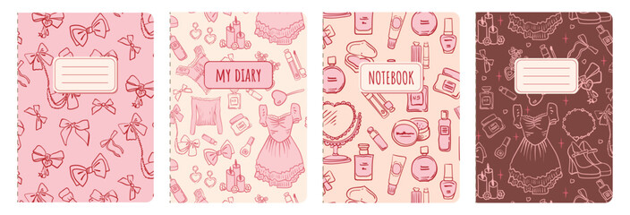 Cover templates with cute coquette vintage girly accessories. Universal abstract layouts with hand drawn doodle background. Vector illustration for invitation, scrapbooking, postcard or journal cover.