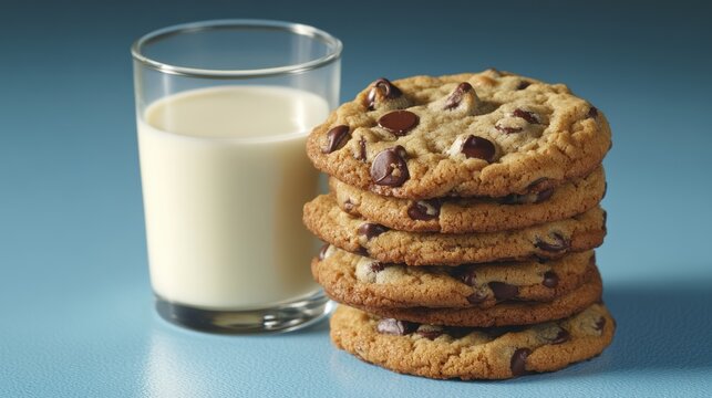 A stack of freshly baked chocolate chip cookies with a glass of milk on the side