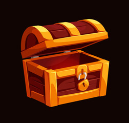 Wooden treasure chest with golden trim and an open lid, stylized in a cartoon graphic style, isolated on a dark background. Concept of wealth or discovery. Vector illustration