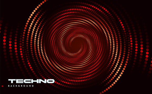 Abstract circular tunnel made of red and orange gradient dots on a dark background, in a techno digital concept for music or party themes. Vector illustration