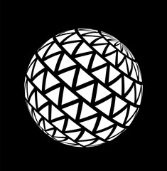 Abstract geometric sphere formed by intersecting black triangle lines on a white surface, set against a solid black background. Concept of modern design. Vector illustration
