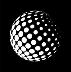 Abstract sphere made of white circular dots on a black background, showcasing a futuristic geometric design concept. Vector illustration