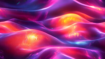 Obraz premium Abstract holographic neon waves with iridescent glass reflections, surreal fluid motion, and a futuristic tech-inspired glow