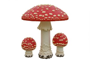 Obraz premium Three fly agaric mushrooms with red caps and white spots isolated on a white background view from front