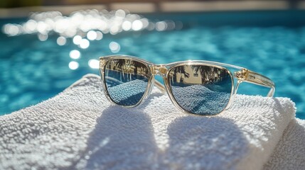 A pair of sunglasses resting on a folded white towel by the poolside with clear water in the background