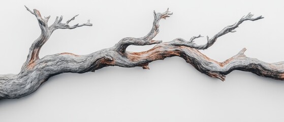 Abstract weathered branch on white backdrop showcasing natural texture and organic form in minimalist style for design element