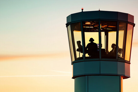  iconic airport observation tower at golden hour, silhouette of air traffic controller visible through glass panels