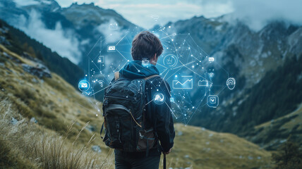 A young man hiking in the mountains, with an app icon overlaid on top of his head. The icons include social media logos and other futuristic symbols. Ai generated