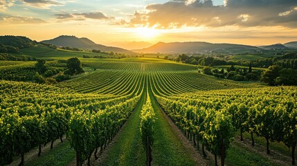 Fototapeta premium Serene Sunset Over Vineyard Landscape