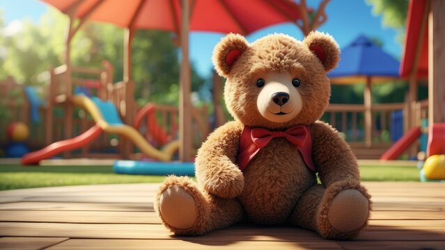 A plush teddy bear with a brown body, dark nose