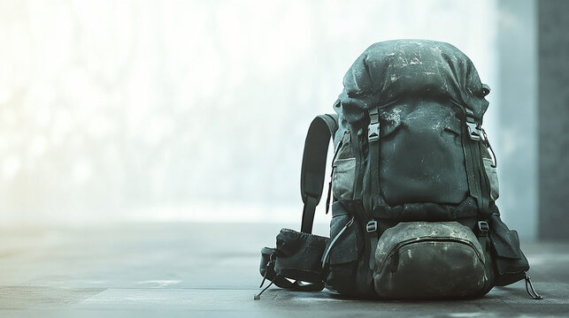 Heavy backpack lying slouched on a floor pale backgr