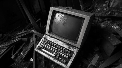 Black-and-white photograph of an old computer in the corner of a dark, abandoned house. An old, broken monitor with dust on it sits atop a pile of wooden debris. Ai generated