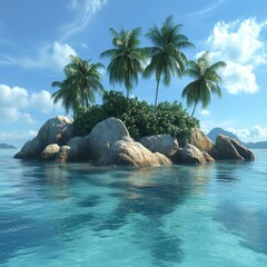 Tropical Island Paradise Azure Water Palm Trees Rocky Outcrop Lush Vegetation Serene Landscape Exotic Destination Tranquil Scene Idyllic Getaway Sunny Day