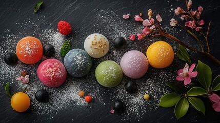 A festive arrangement of mochi desserts in different flavors and colors.