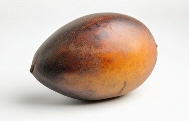 Close-up of an exotic tropical fruit with a smooth, glossy skin in shades of brown and orange.