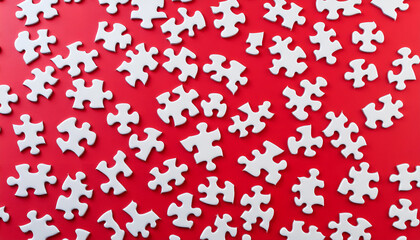 White puzzle pieces on red background, top view