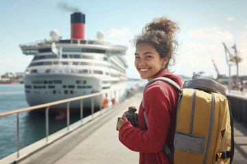 carefree female traveler walking up cruise ship gangway with weekend luggage