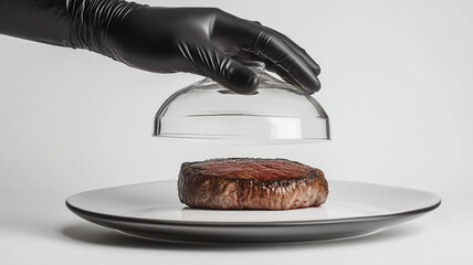 Photo of a hand in a black glove lifting the cloche off a plate with a steak. Ai generated