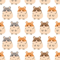 Seamless pattern with different colored hamsters on white background. Little rodents. Cute pets. Domestic animals in simple style. Vector flat illustration for wallpaper, textile, packaging