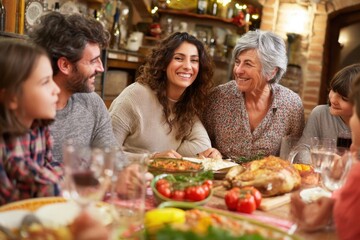 A cozy family dinner with warm lighting and laughter, warmth