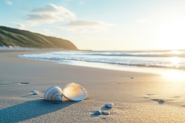 Obraz premium peaceful coastal scene with sunlit shore scattered shells gentle waves and minimalistic blurred silhouettes in background