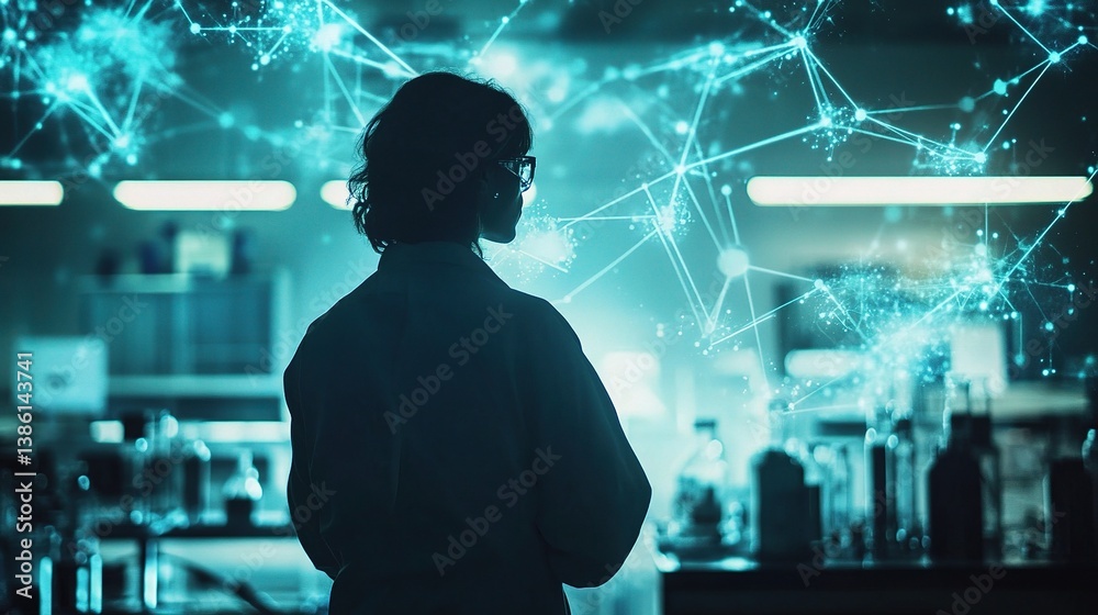 Poster silhouette of scientist with floating neural connections in lab